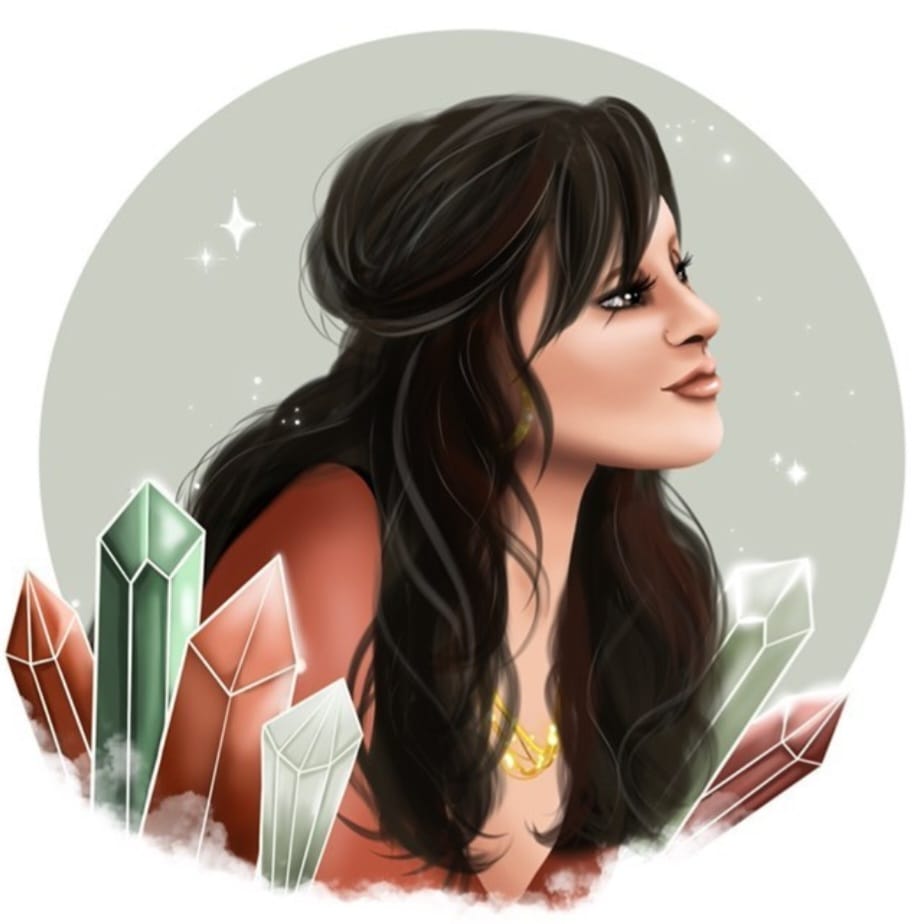 Digital illustration of a woman with long dark hair looking sideways, surrounded by colorful crystals and a soft glowing background.
