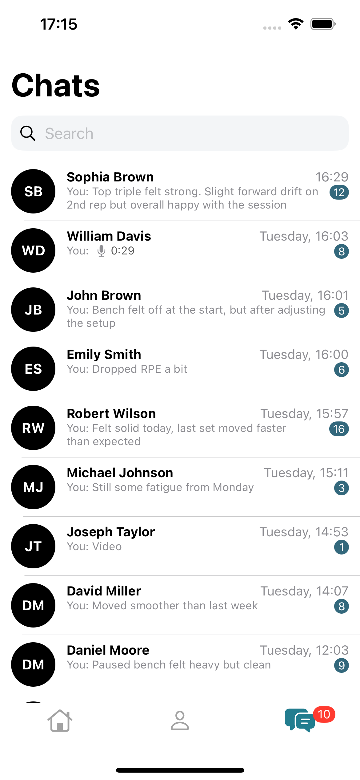 coach app screenshot of the list of chats