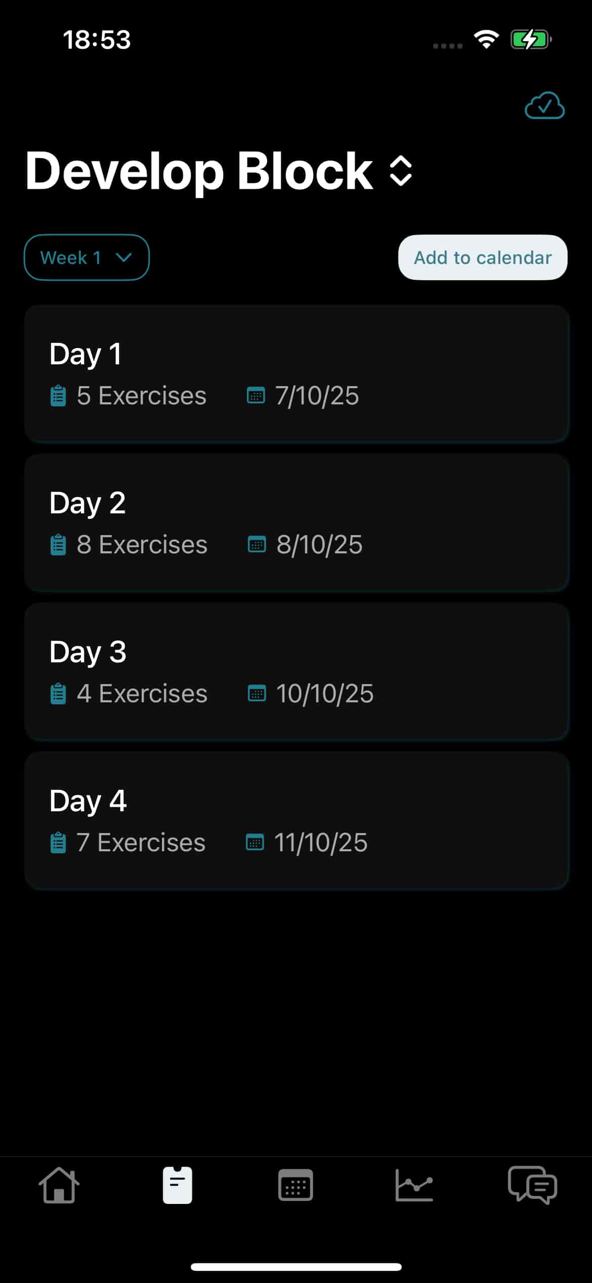 athlete app screenshot of the workouts of a training block