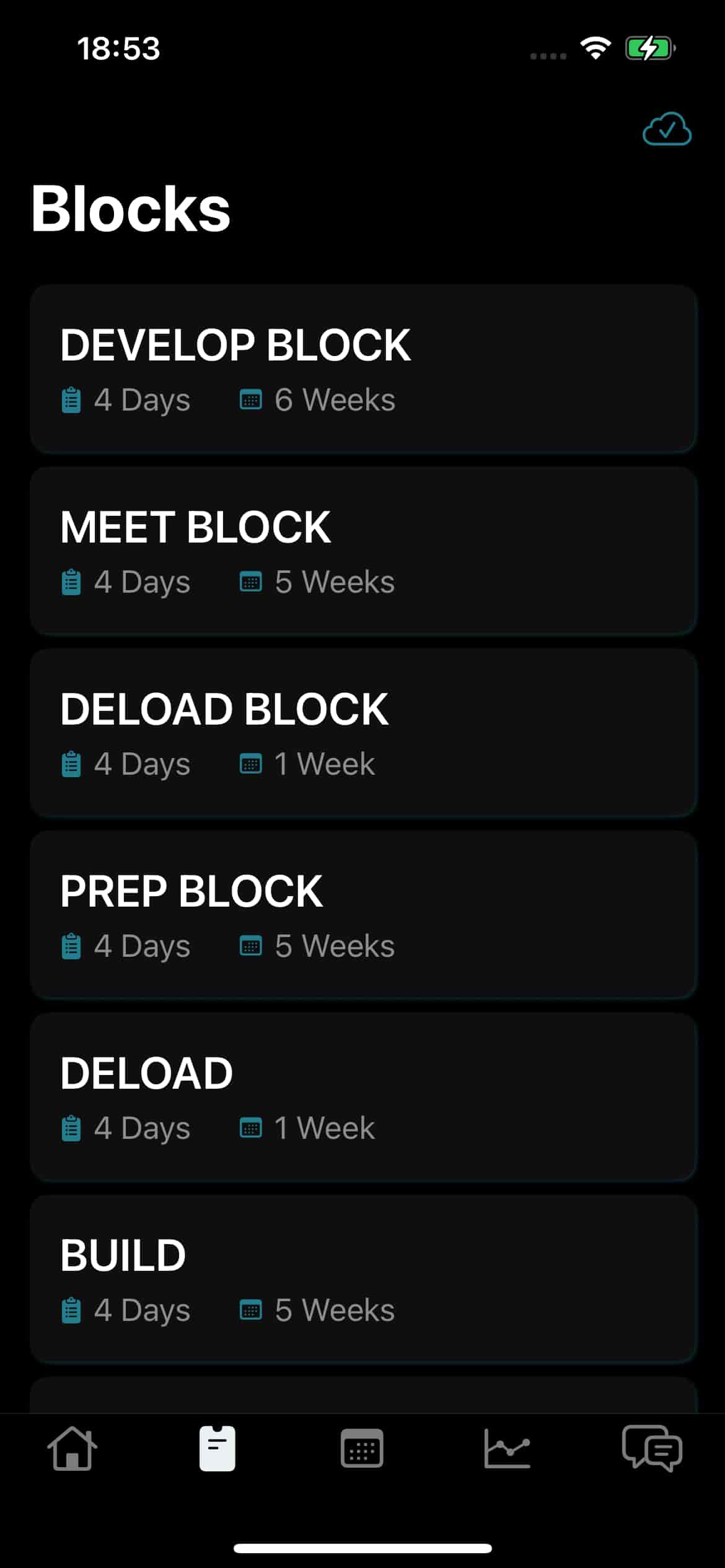 athlete app screenshot of the list of training blocks