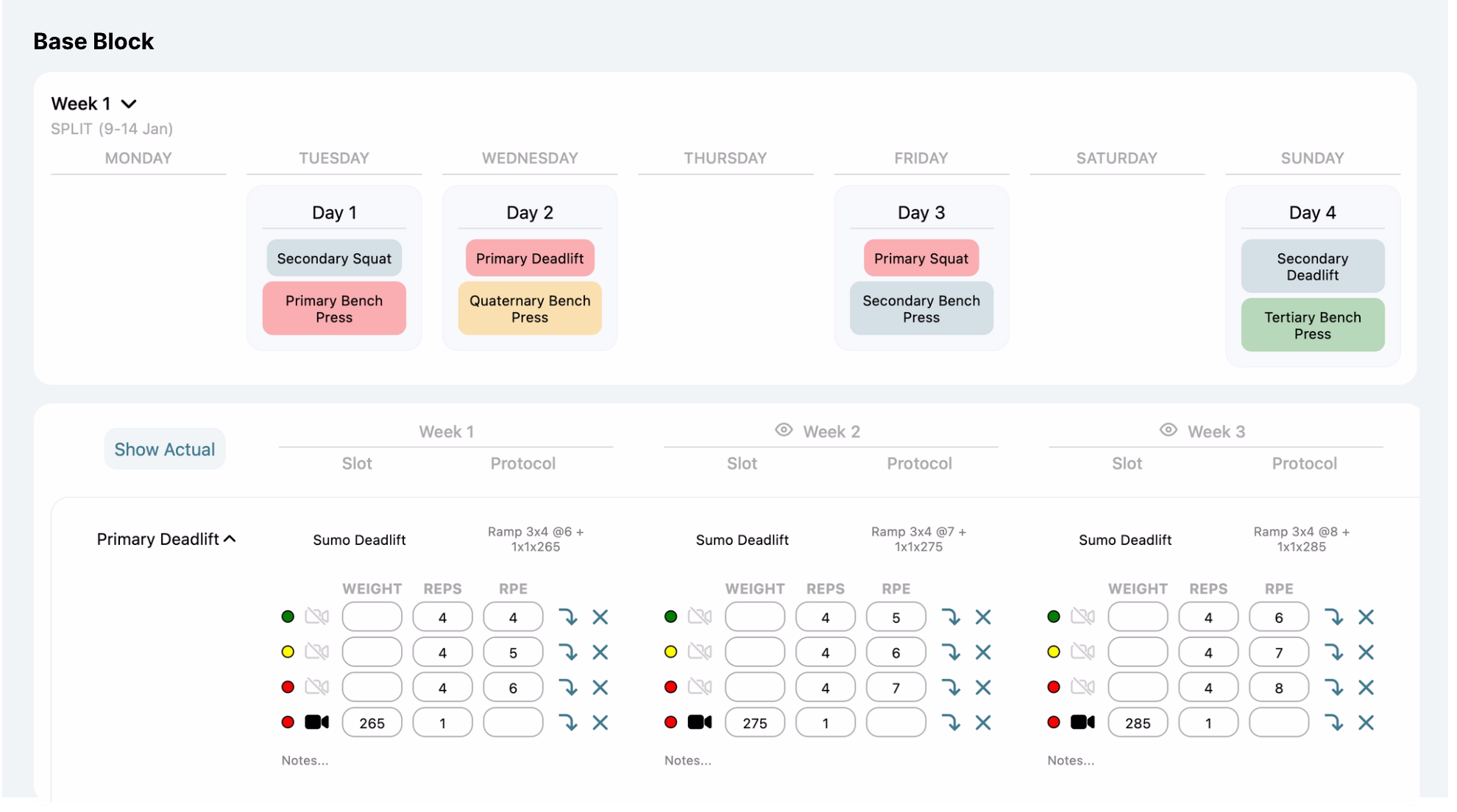 Block Dashboard of Base Block. There is a split section in which you can modify the workout split and a section where you can set the exercises and sets for each week