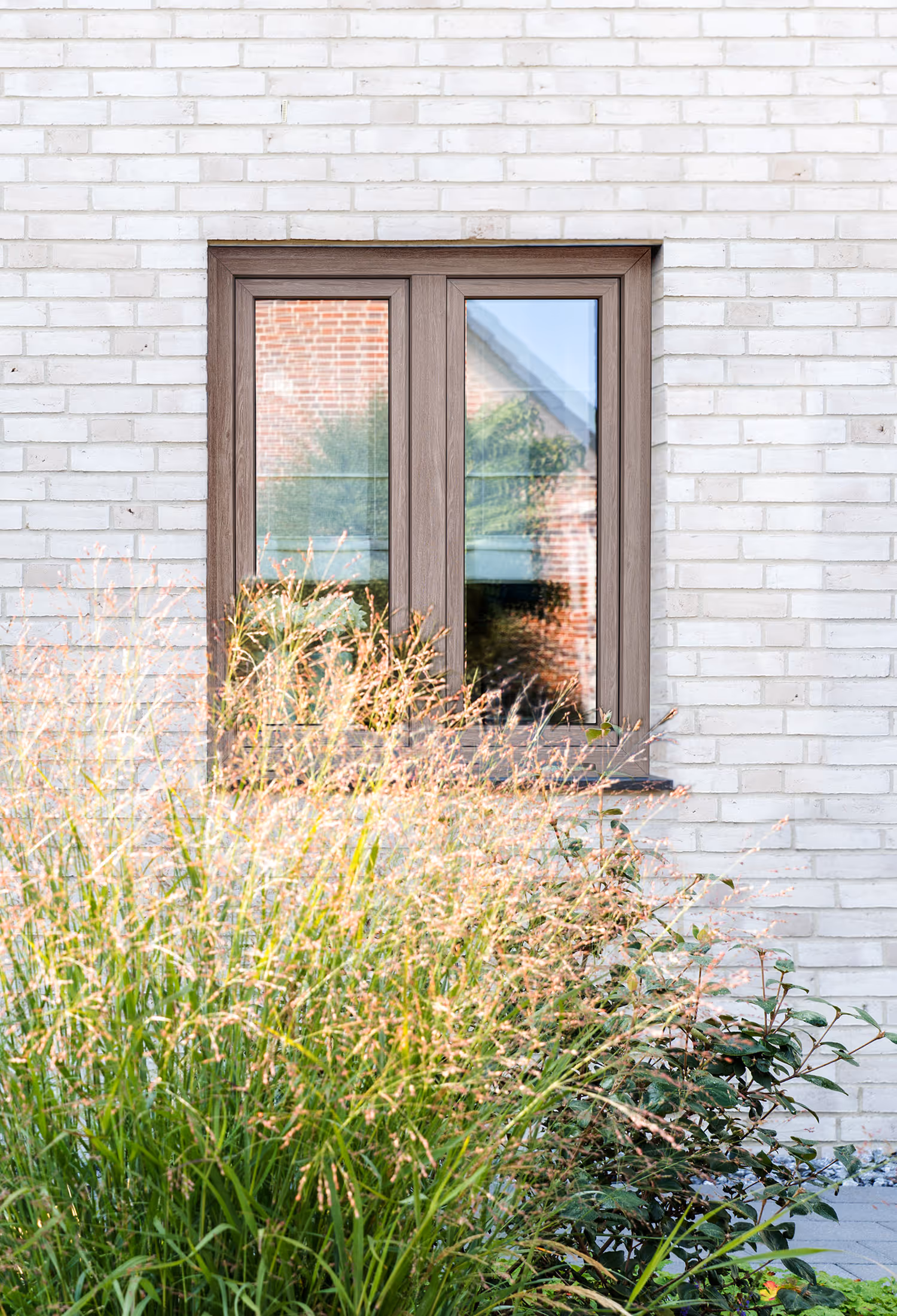 Fenster mit Holzrahmen in einer weißen Ziegelwand, davor hohe Gräser und Pflanzen.