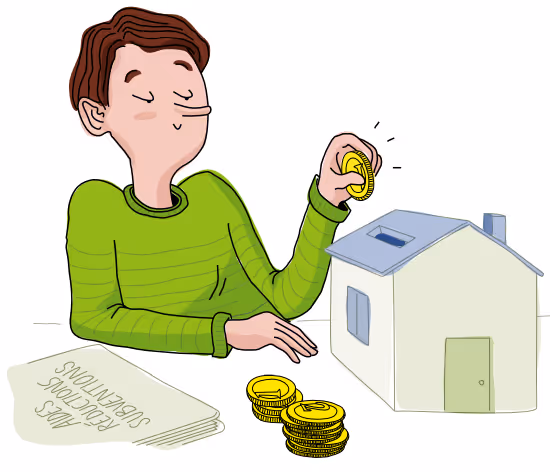 Un homme insérant une pièce dans une tirelire en forme de maison.
