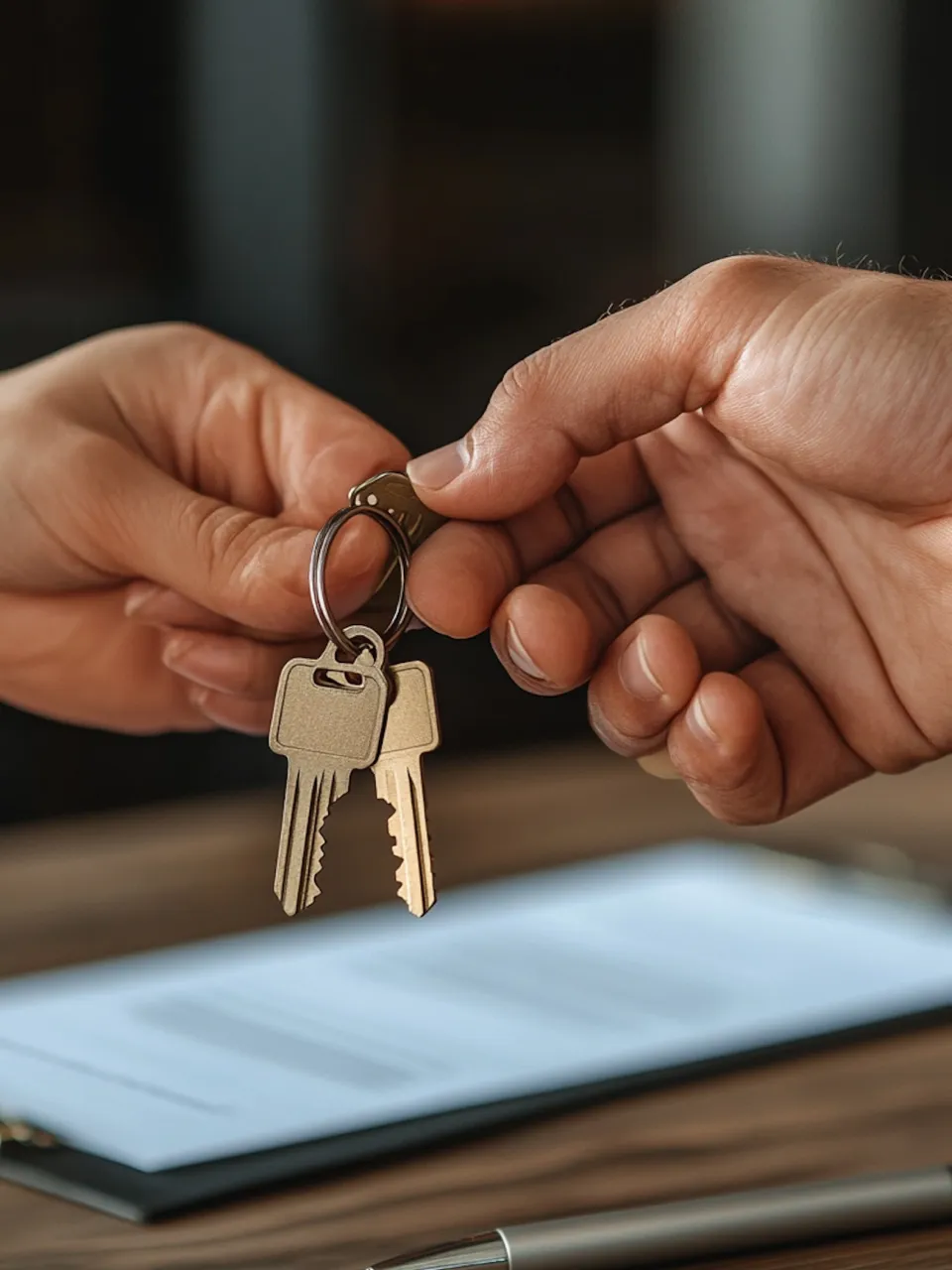 Two people holding keys to each other on a table.
