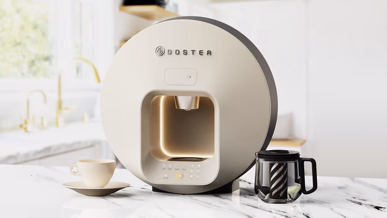 Dostea automated tea maker on a kitchen counter, a product Analogy took from concept to production