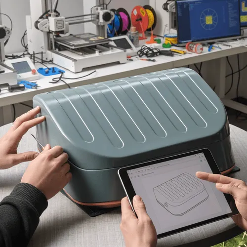 Hands testing a working prototype of a grey medical device enclosure next to a tablet showing its CAD model, with 3D printers in the background.