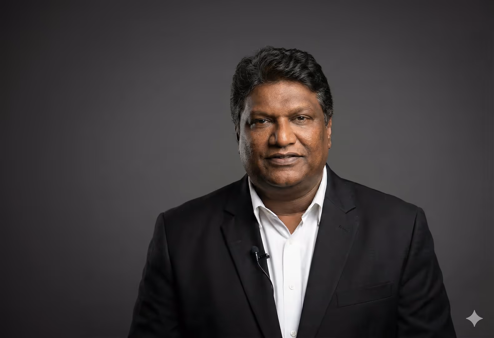 Man with dark hair wearing a black suit jacket and white shirt, posed against a plain gray background.