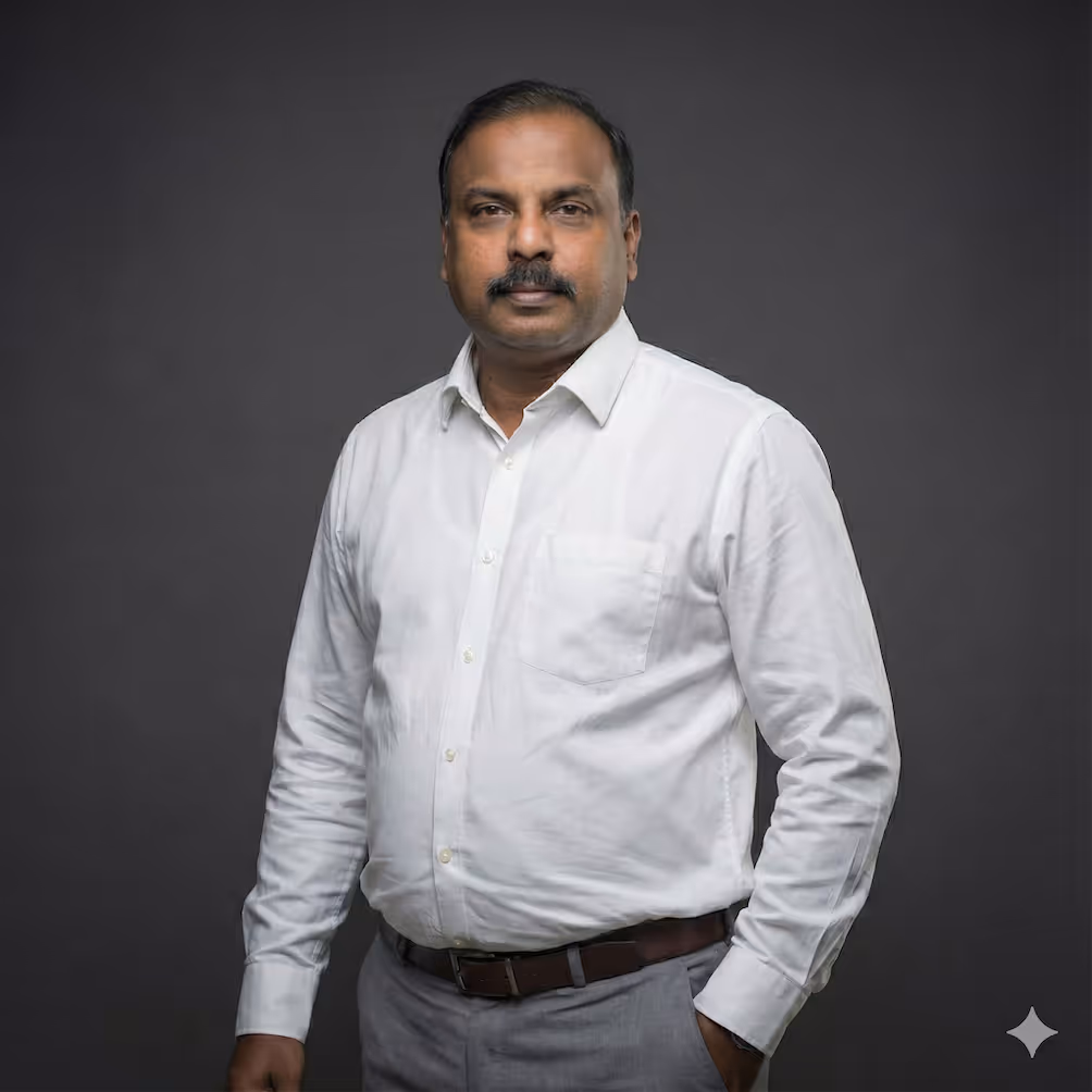 Man with a mustache wearing a white button-down shirt and gray pants standing against a dark gray background.