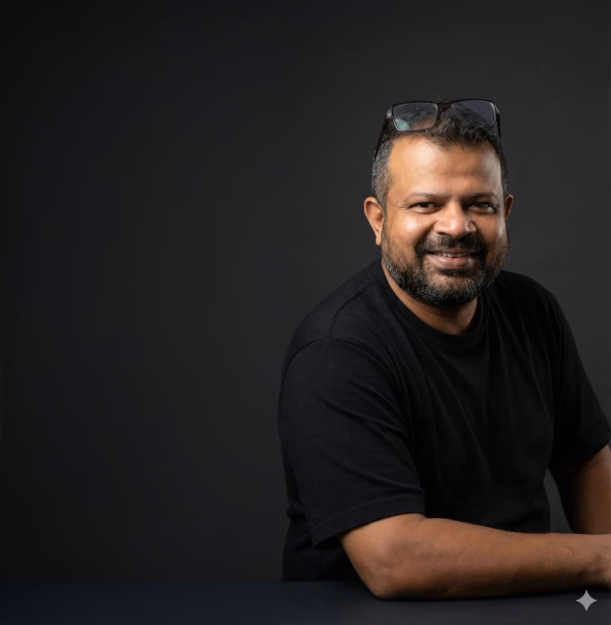 Man with short hair and beard wearing glasses on his head and a black t-shirt, smiling against a dark background.