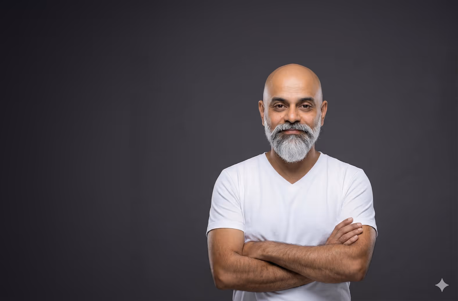Smiling bald man with a white beard and mustache wearing a white t-shirt with arms crossed against a dark gray background.