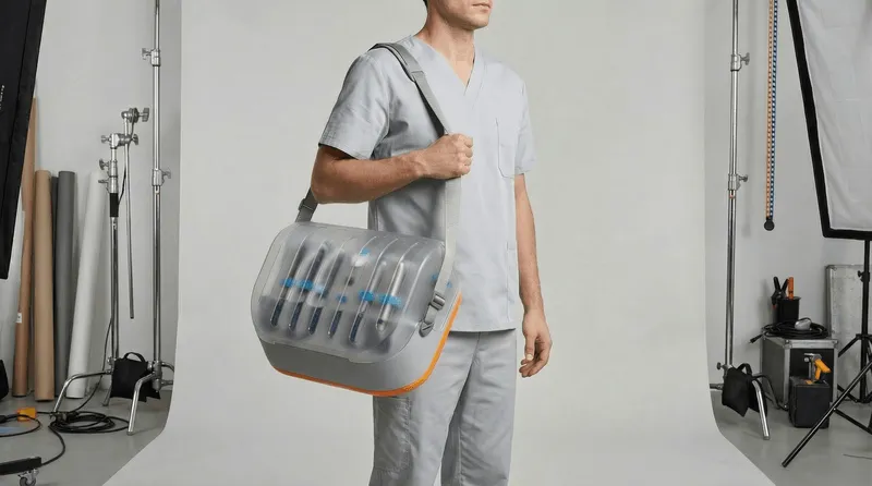 Person in grey scrubs holding a grey and orange medical device bag with instruments inside.