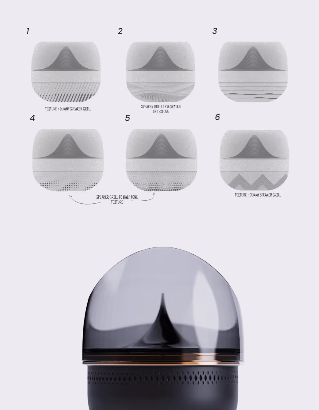 Six grayscale speaker grill texture design concepts numbered 1 to 6 above a black speaker with a transparent dome cover.