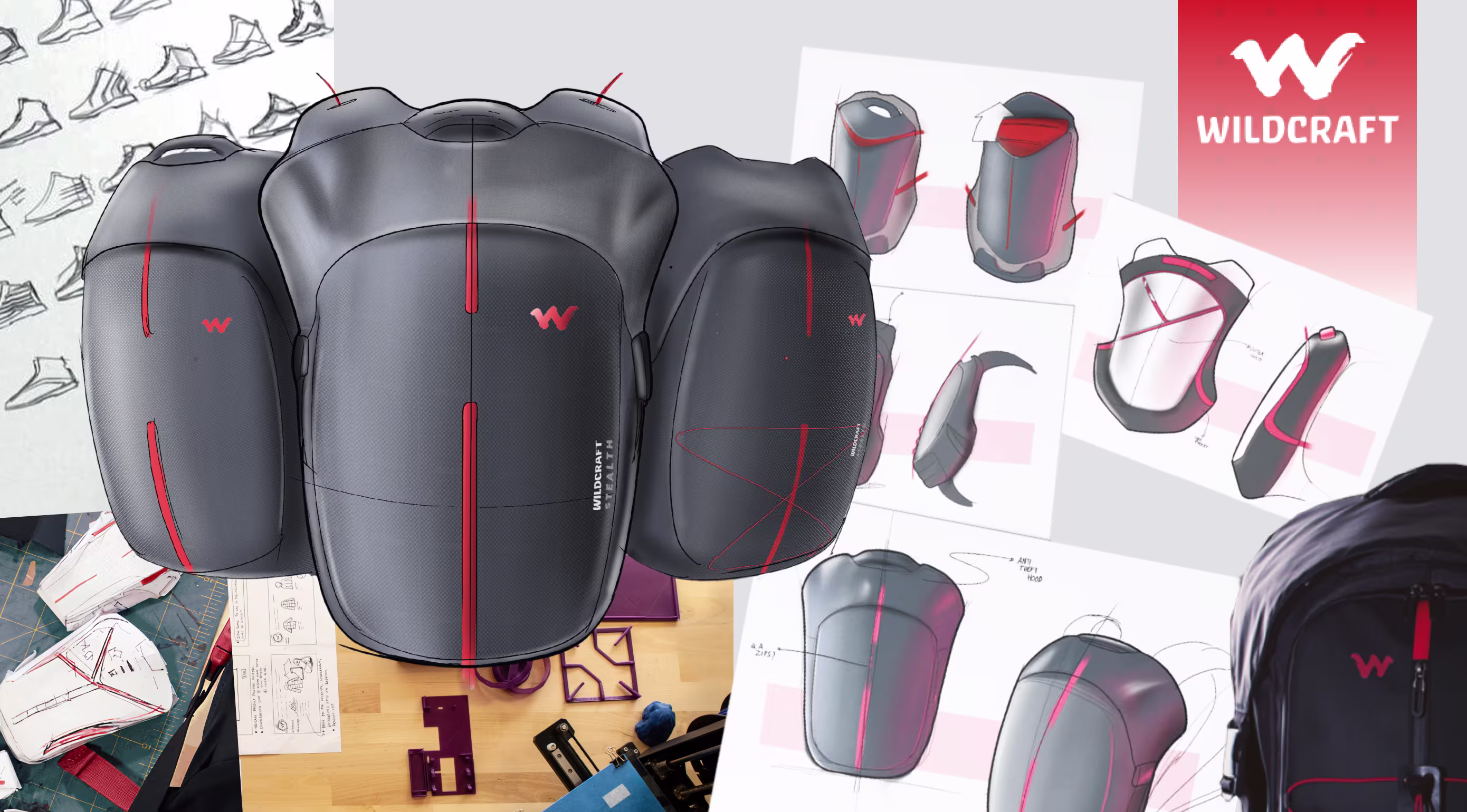 Concept design sketches and 3D renderings of a black and red Wildcraft backpack with detailed annotations and prototype fabric pieces.