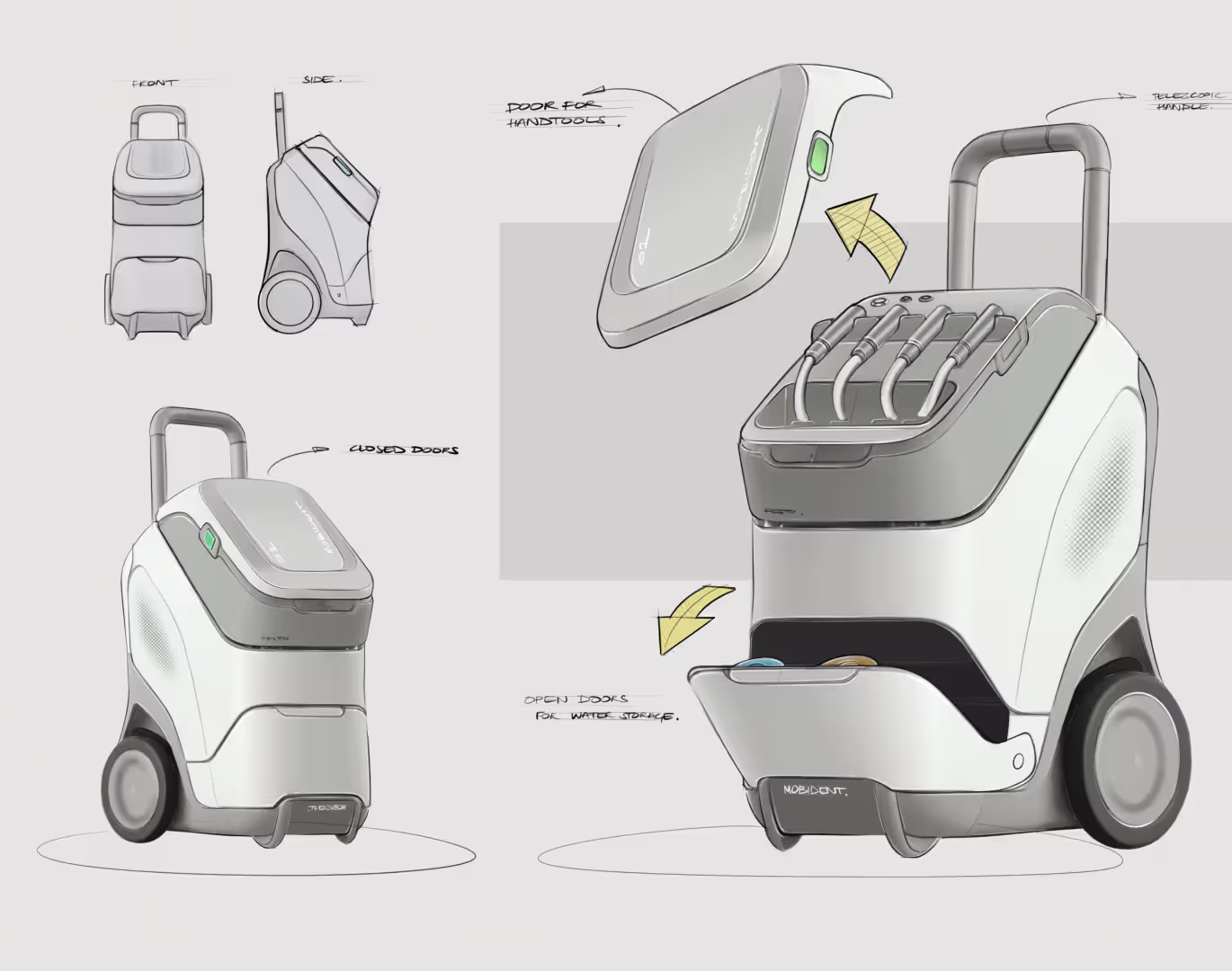 Concept design sketches of a wheeled trolley with telescopic handle, showing front, side views, and close-ups of open and closed storage compartments.