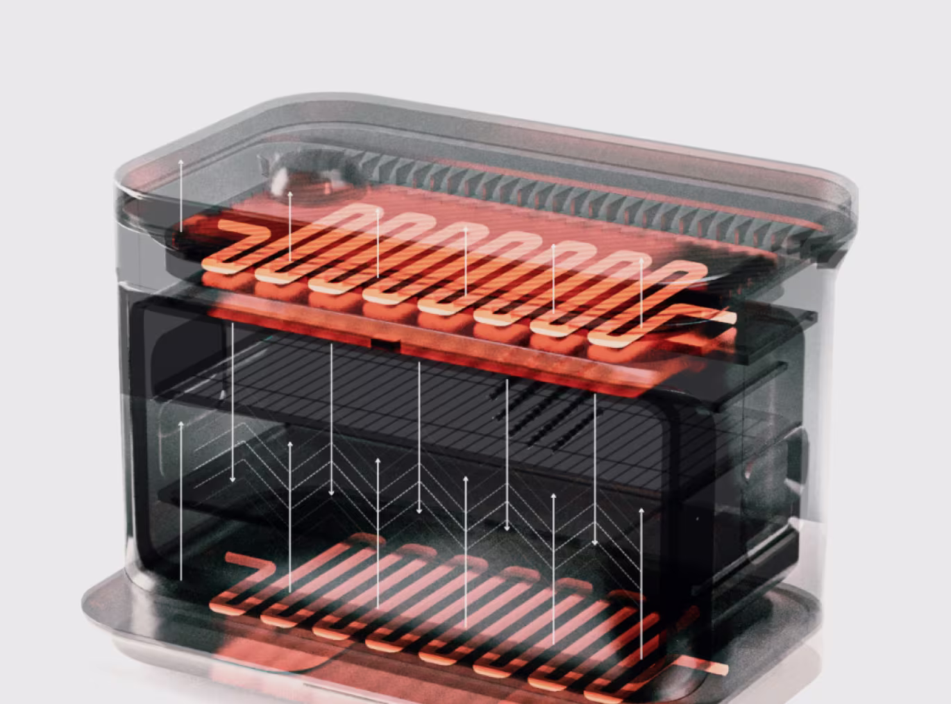 Transparent device showing two parallel copper coil heating elements connected by white arrows indicating air flow.