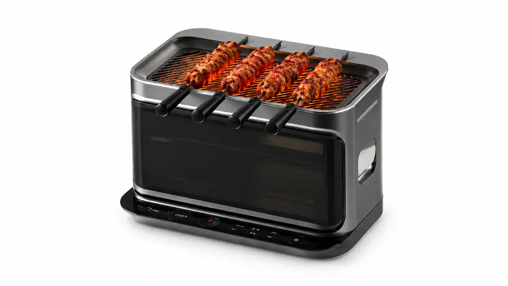 An OTG Air fryer with a top grill with skewers of chicken over a hot flame and the bottom having an OTG oven inside