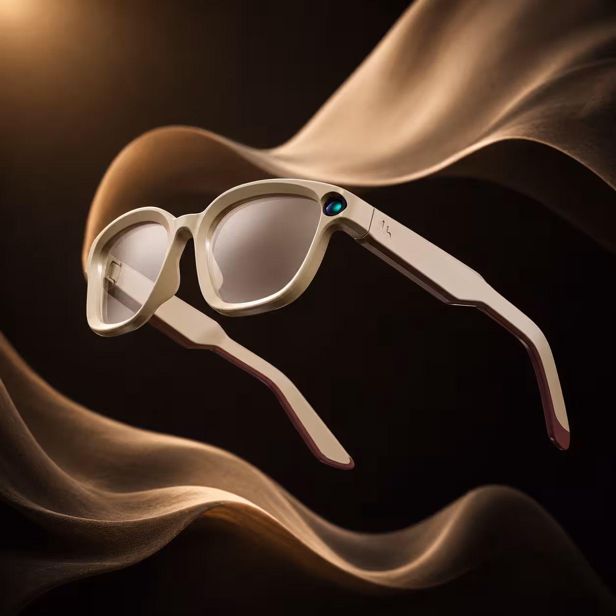Smart glasses in a biege color with a sleek smart look and lightweight with a maroon accent