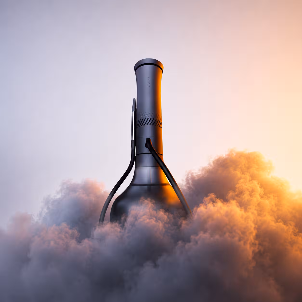 An Electric Hookah standing out amongst smoke and fumes in a sunset setting