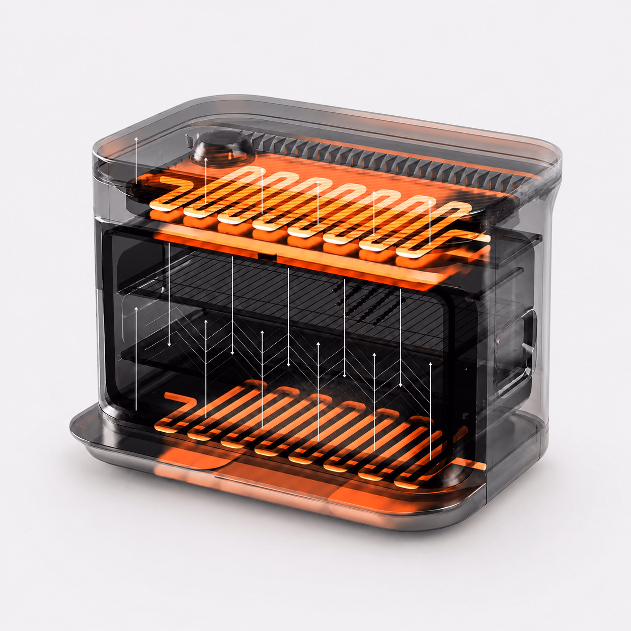 A Transparent OTG kitchen appliance showing how heat from the top and bottom helps cook food better