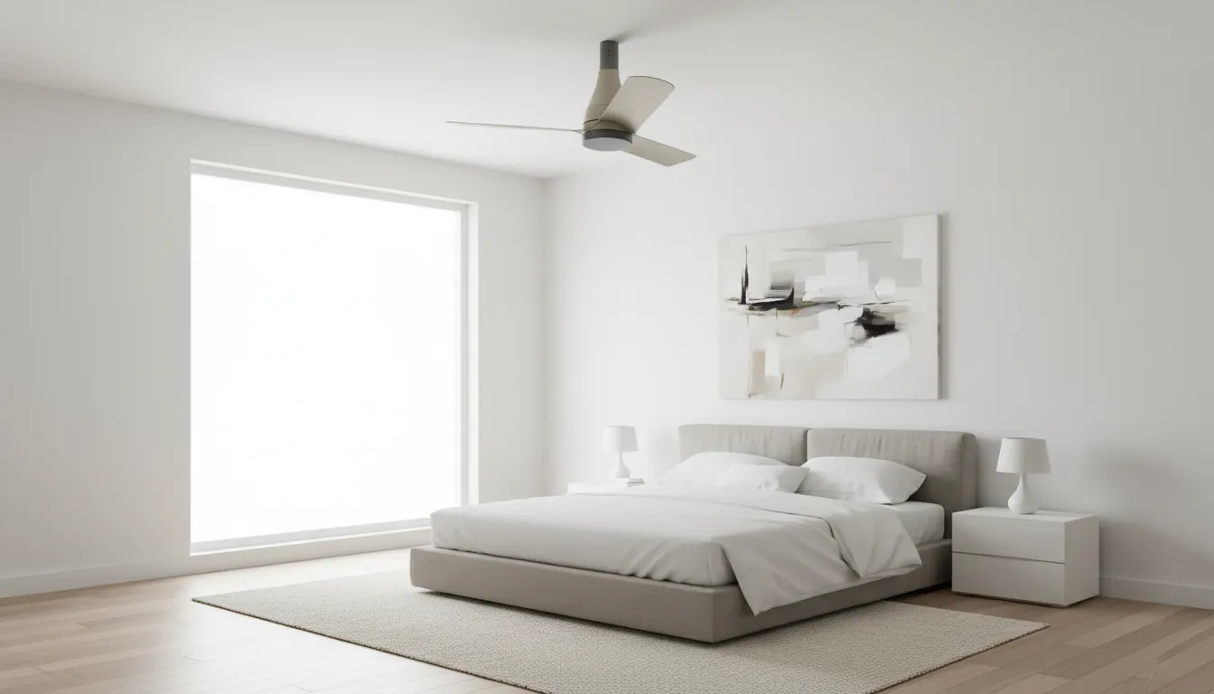 Render of a ceiling fan in a calm white bedroom