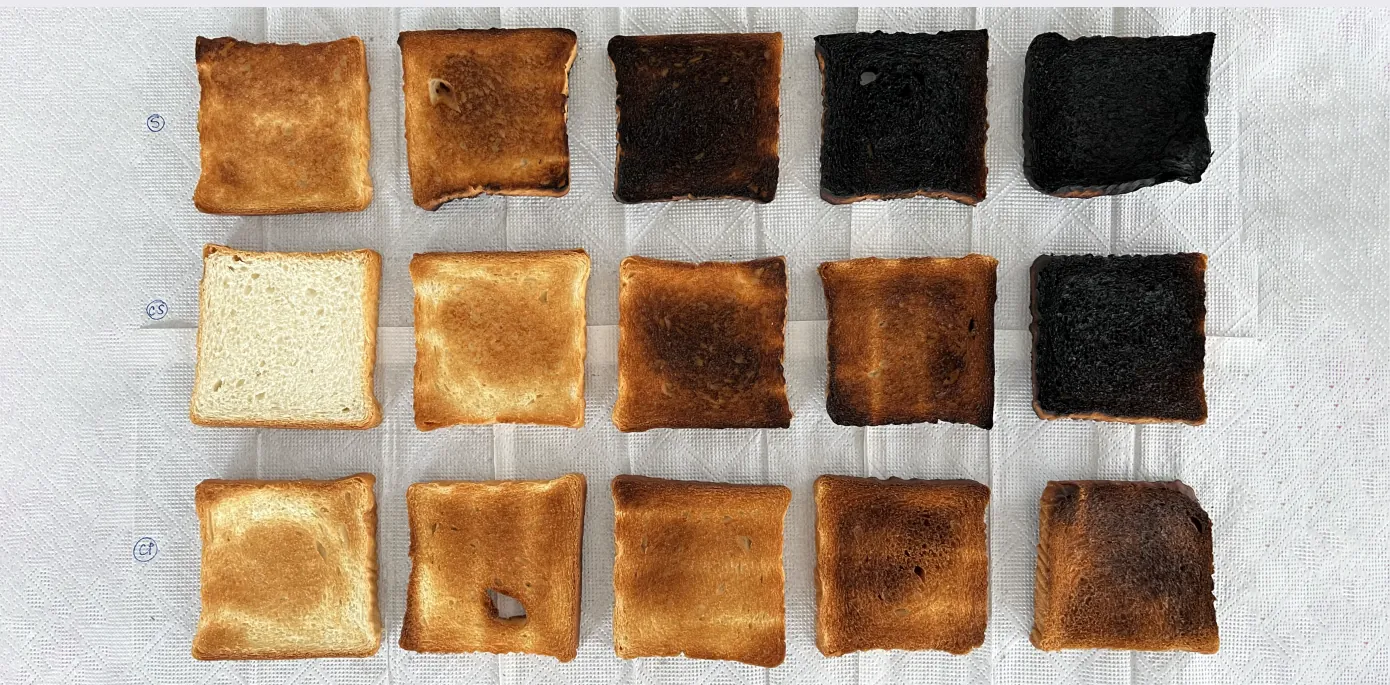 A grid of toast slices from a browning test, light to burnt