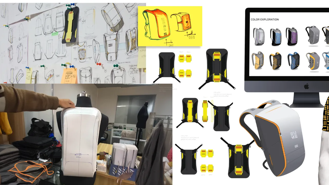 Prototype board for a massage backpack with test rigs and parts