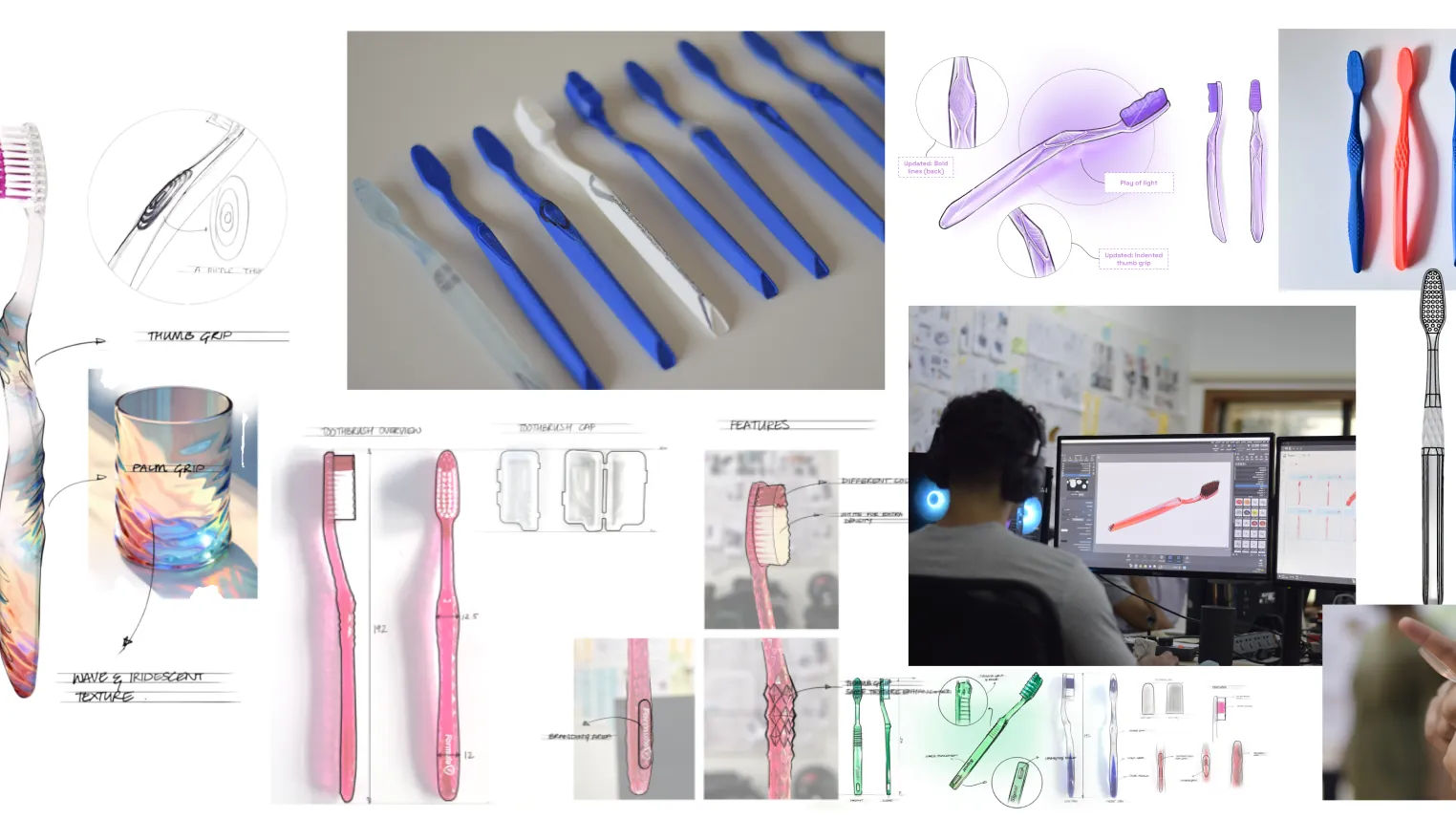 A research board for a toothbrush: competitor products, user photos and notes