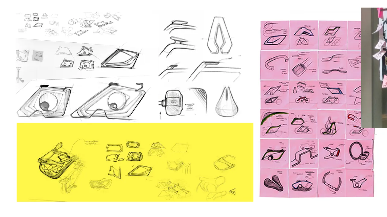 Hand sketches of exercise bike frames and handlebars