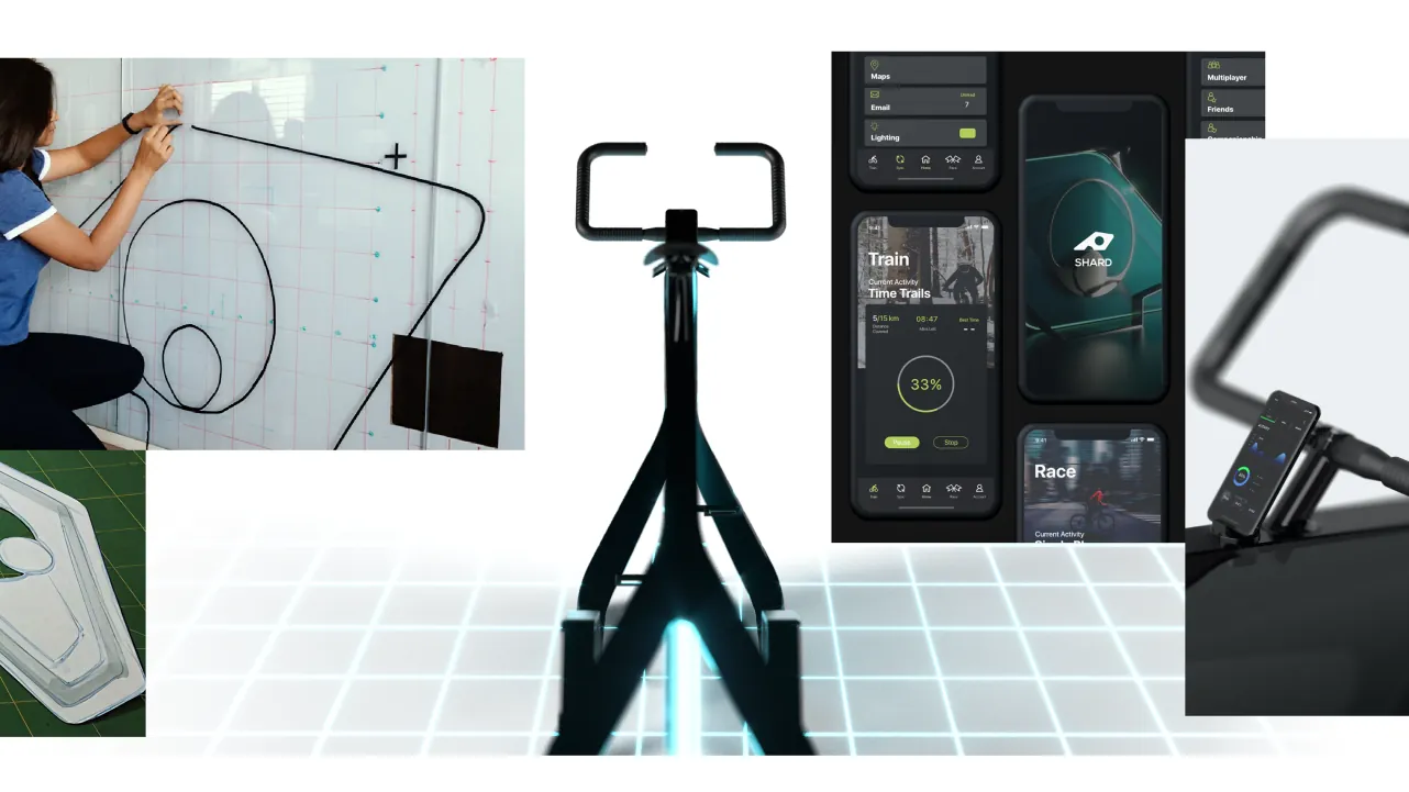 Exercise bike prototype on a stand beside its app screens