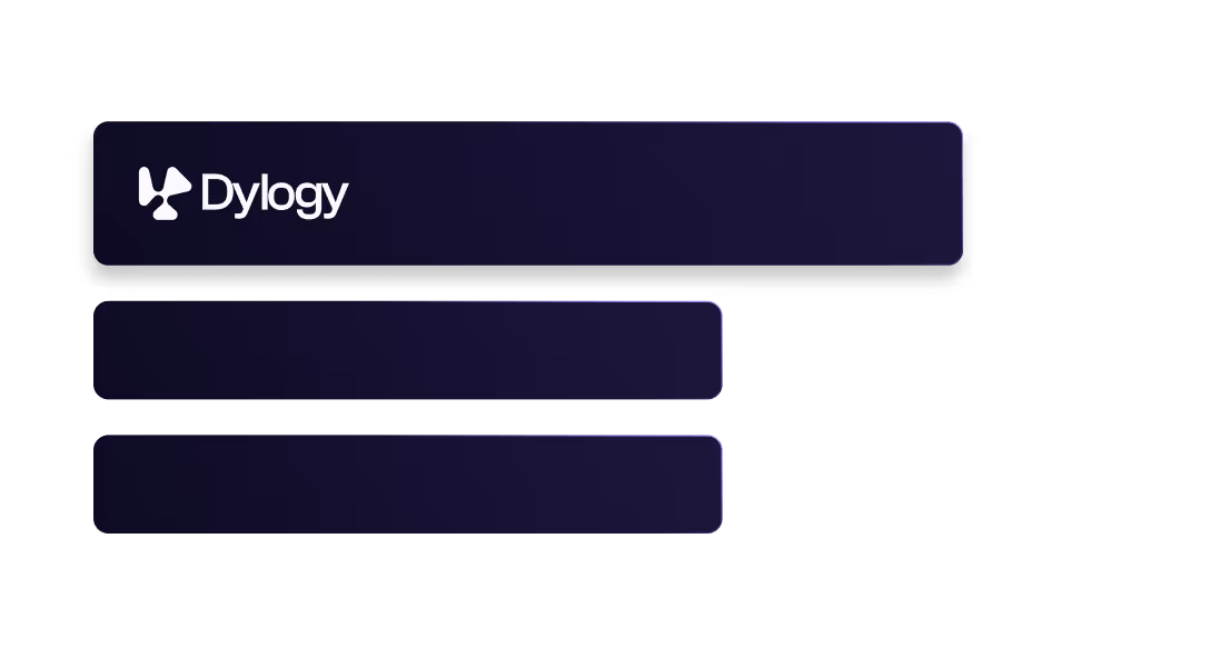 Dylogy logo with three horizontal purple bars below it on a transparent background.