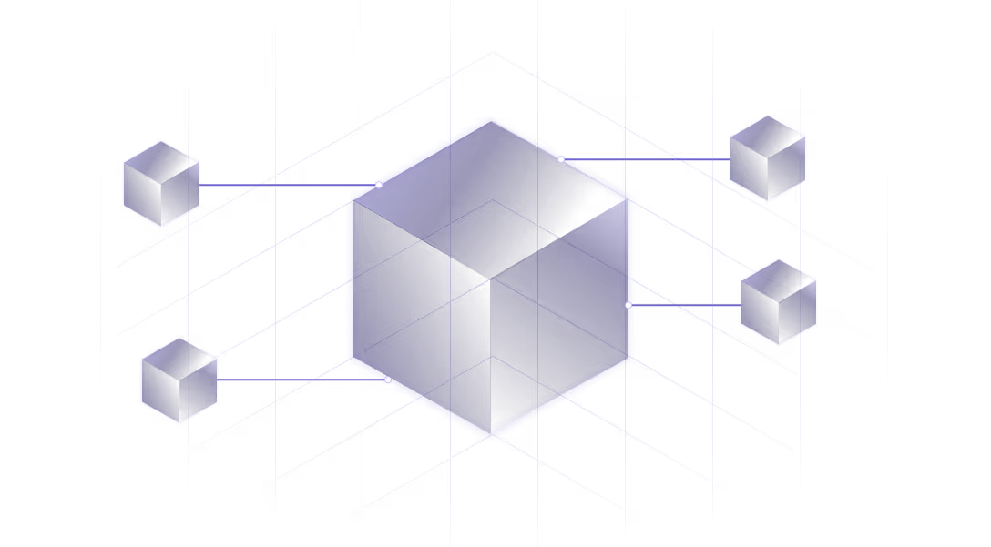 Illustration of a large purple transparent cube connected by lines to four smaller purple cubes, symbolizing a blockchain or network structure.