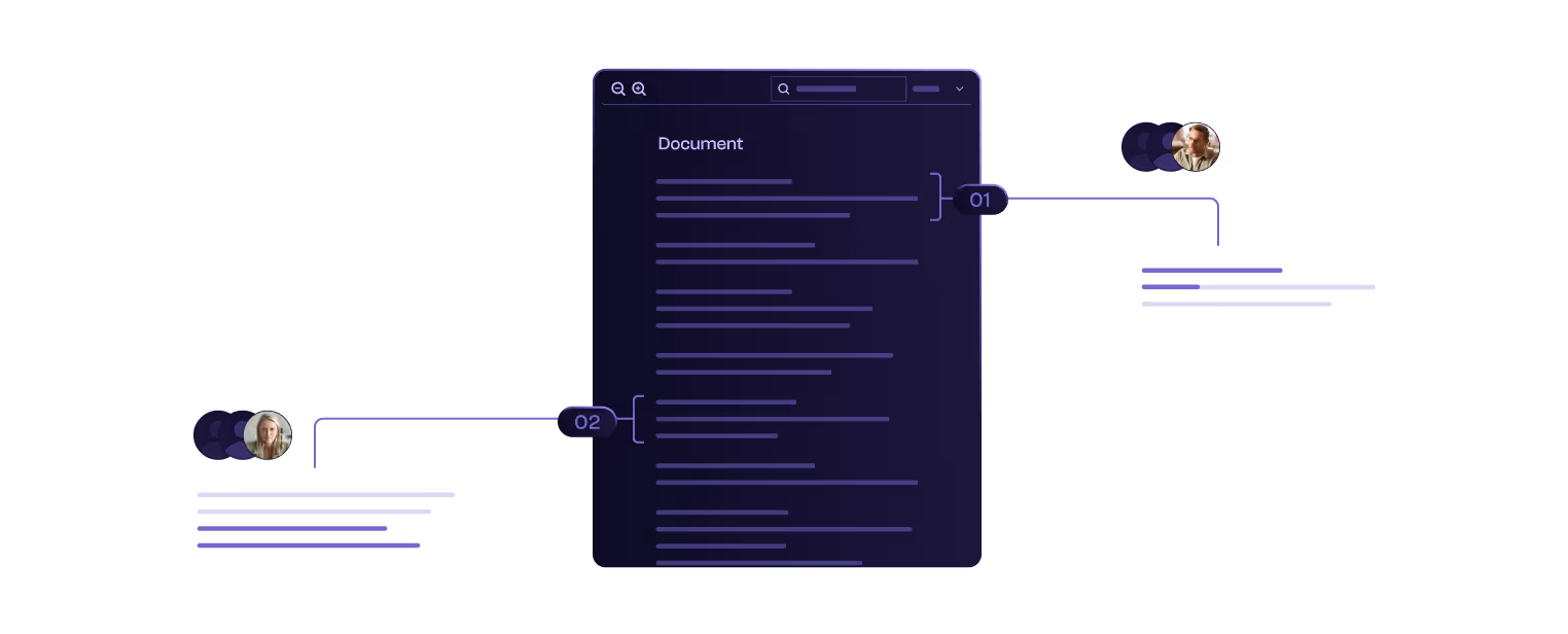 Dark-themed document interface with two highlighted sections labeled 01 and 02, each connected to user avatars and associated comment text.