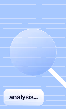 Magnifying glass focusing on the word 'analysis' on a blue background with horizontal lines.