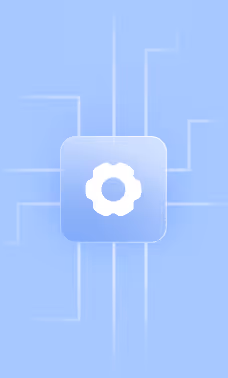 White gear icon in the center of a rounded square with connecting lines on a blue background.