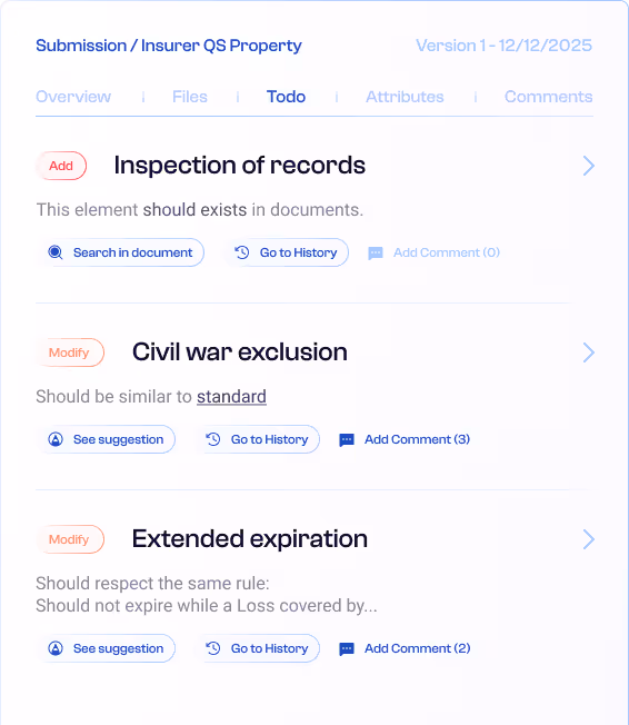 Interface showing a Todo list with tasks for Inspection of records, Civil war exclusion, and Extended expiration, each with options to see suggestions, go to history, and add comments.