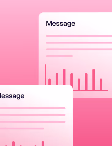 Deux cartes dégradées roses superposées avec le titre « Message » et des graphiques à barres sous les lignes de texte.