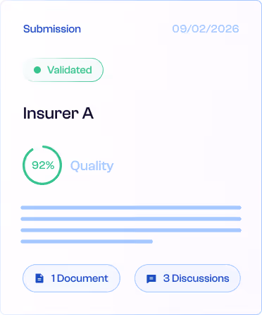 Insurance submission status showing Insurer A with 92% quality validated on 09/02/2026, including 1 document and 3 discussions.