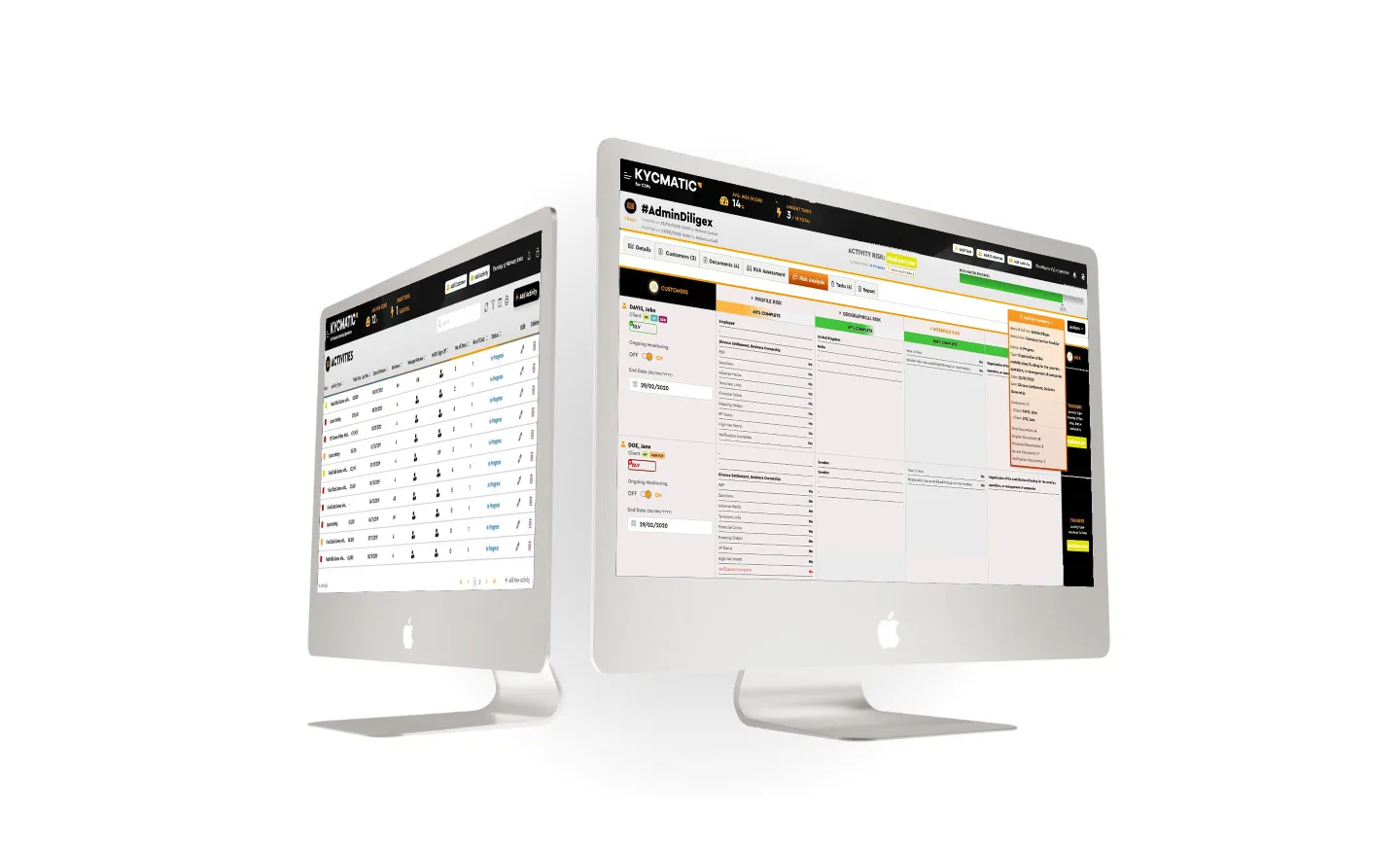 Two Apple iMac screens displaying KYCmatic software interfaces for customer activities and risk assessments.