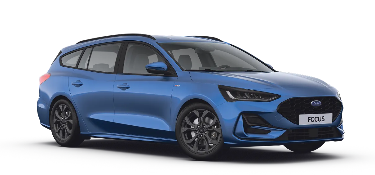 Sininen Ford Focus tila-auton profiilikuva tummilla vanteilla.