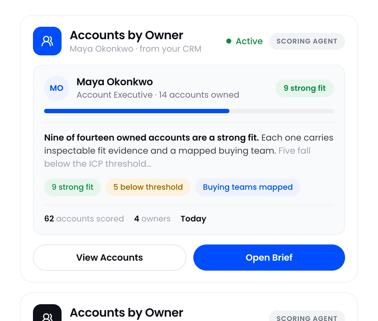 Accounts owned by a named seller in the CRM, nine of fourteen scored as a strong fit.