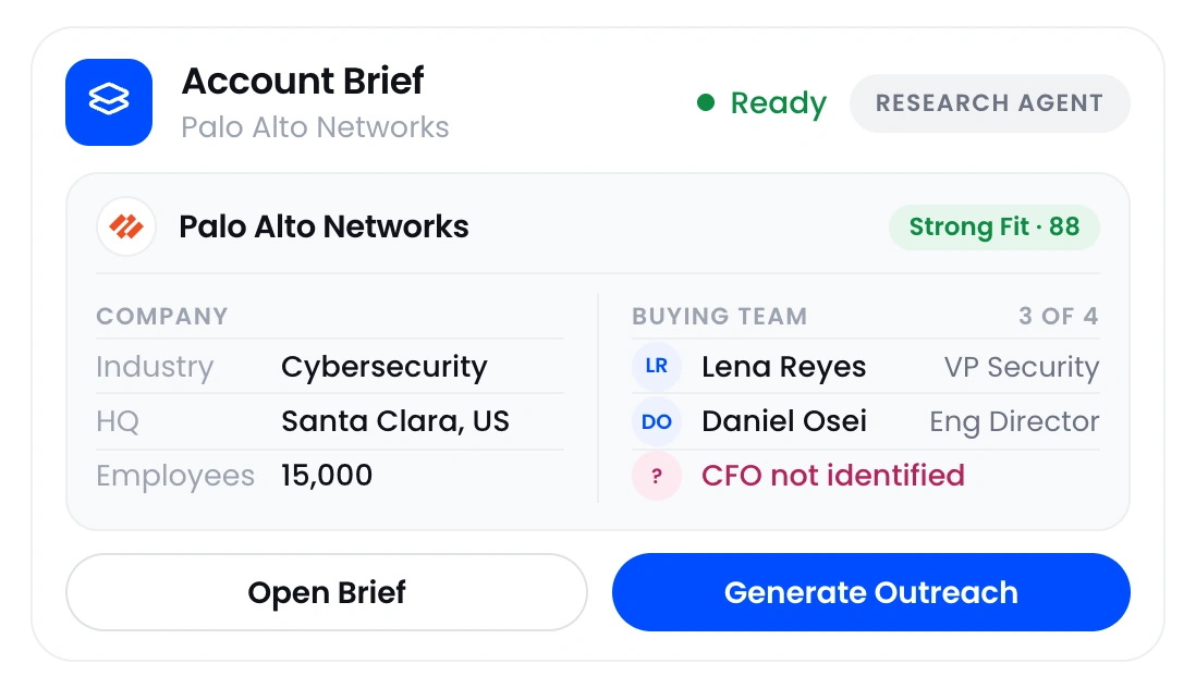 Account brief for Palo Alto Networks with company facts, the buying team and an unidentified CFO.