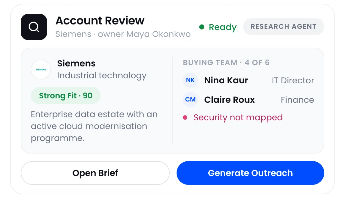 Account review for Siemens showing the fit reason and the mapped buying team with a missing role.