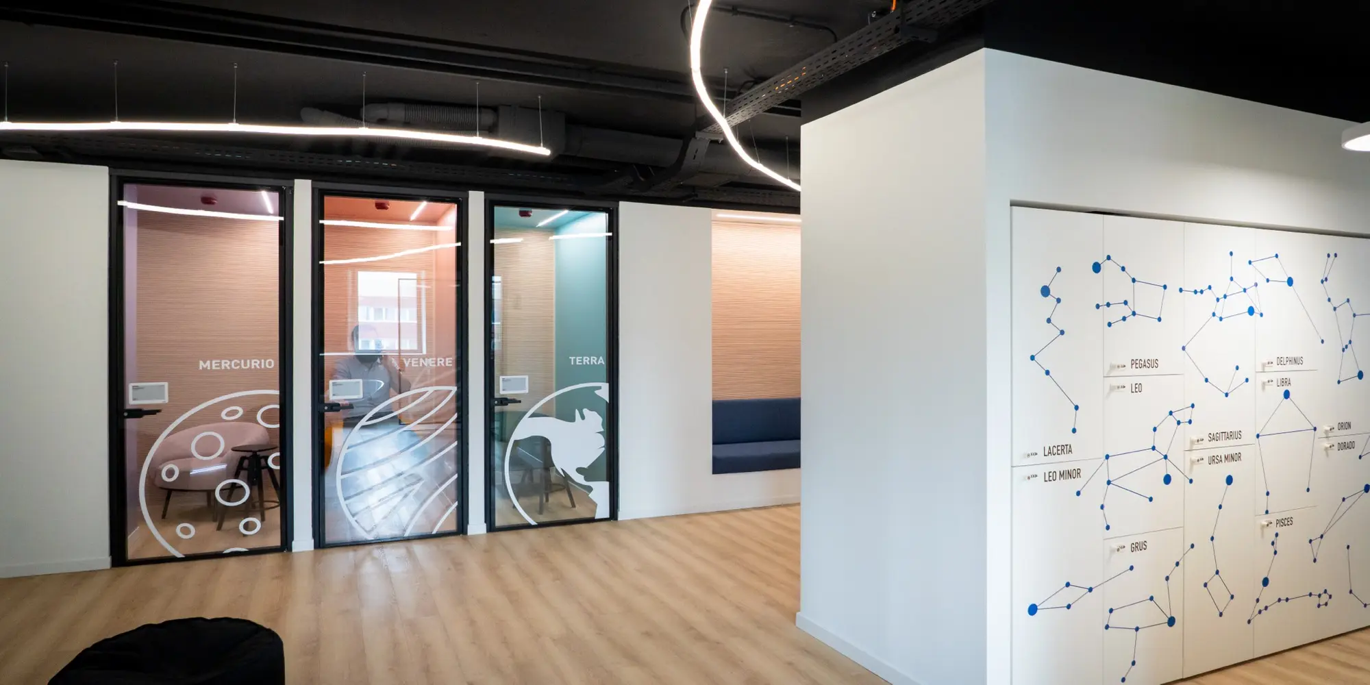 Interno di un ufficio moderno con cabine insonorizzate in vetro denominate Mercurio, Venere e Terra, e una parete decorativa bianca con costellazioni in blu