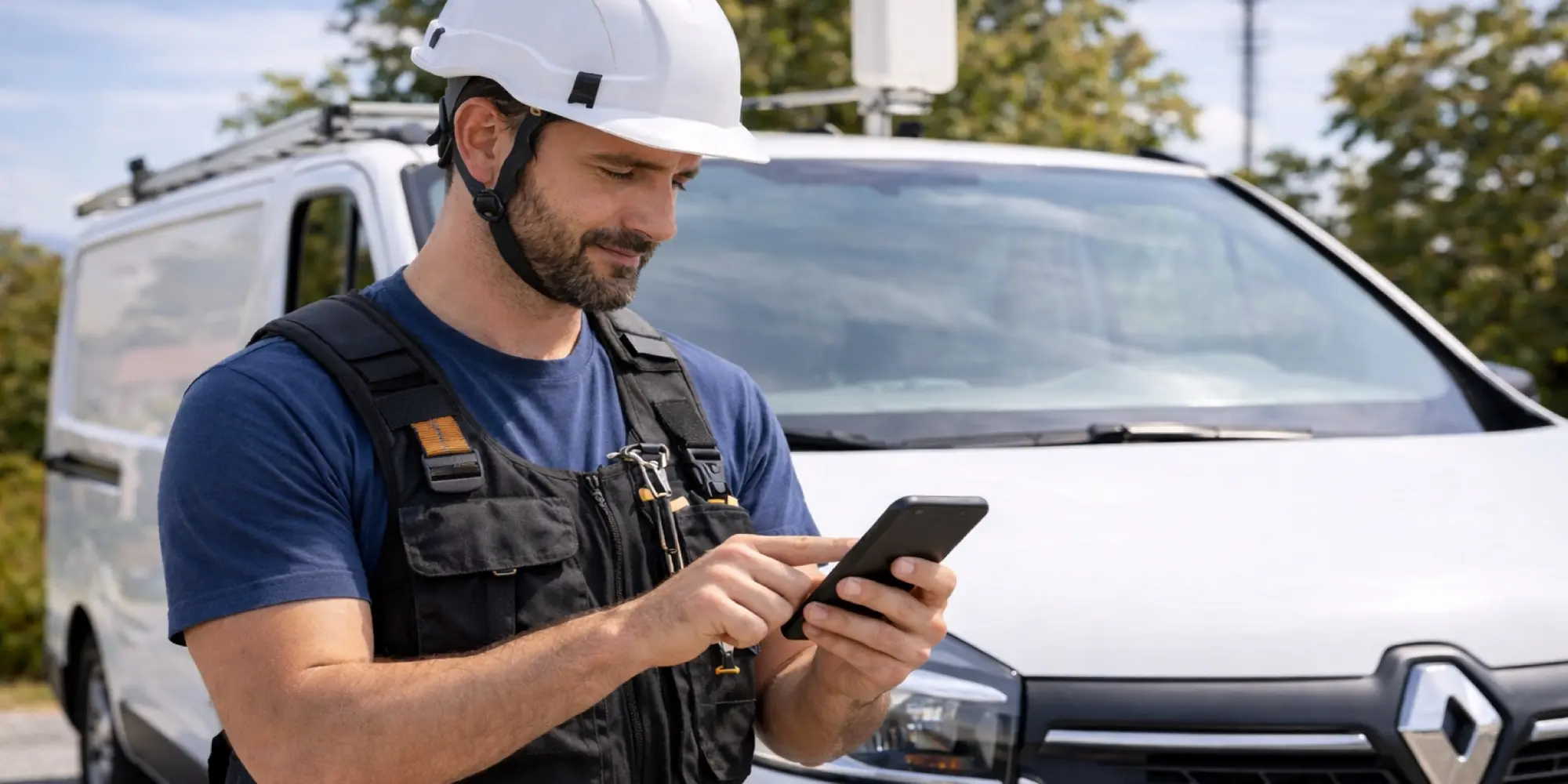 Tecnico con casco bianco e gilet da lavoro consulta lo smartphone davanti a un furgone attrezzato per installazioni di rete