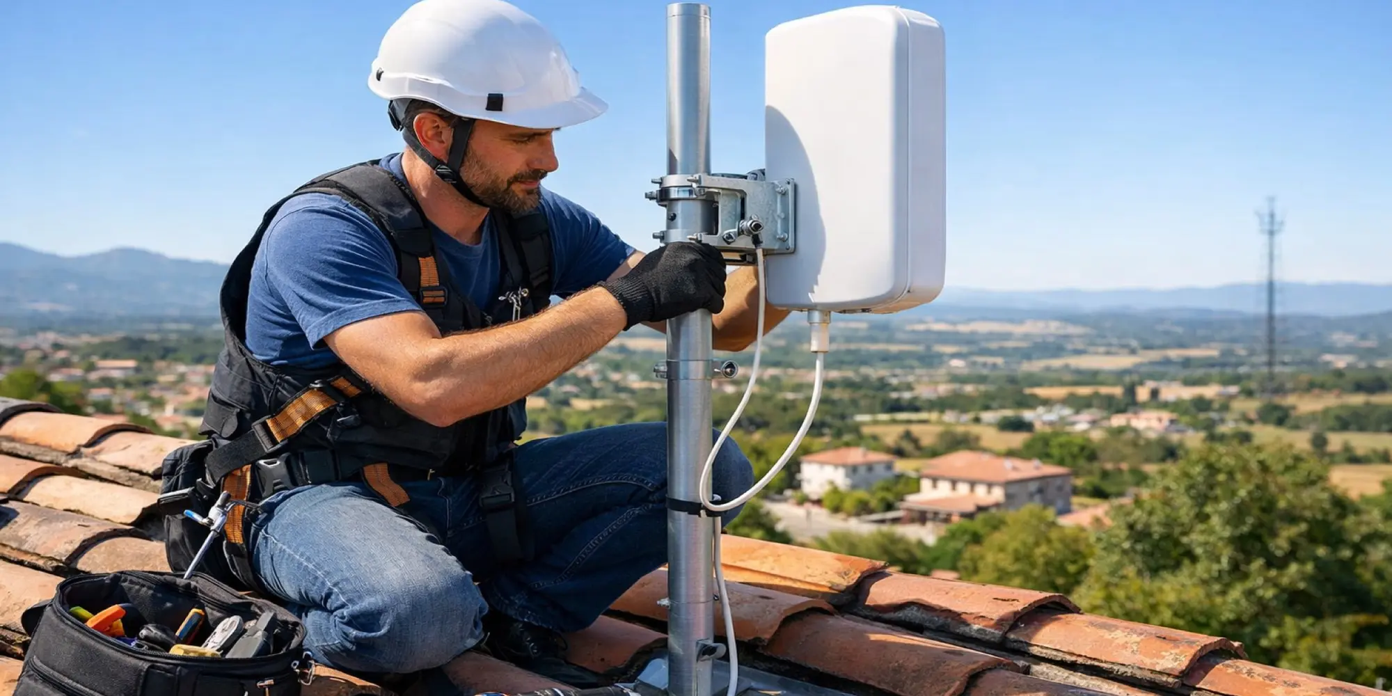 Tecnico con casco bianco installa un'antenna su un tetto di tegole con paesaggio collinare sullo sfondo