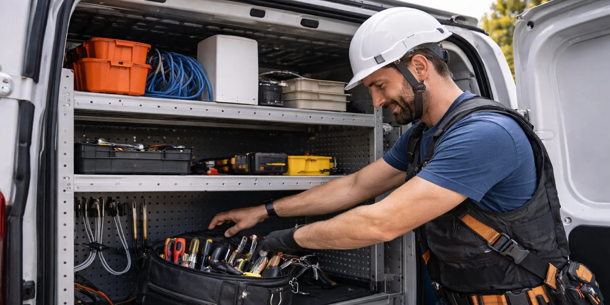 Tecnico con casco bianco preleva attrezzatura da un furgone attrezzato con scaffalature, cavi e strumenti per installazioni