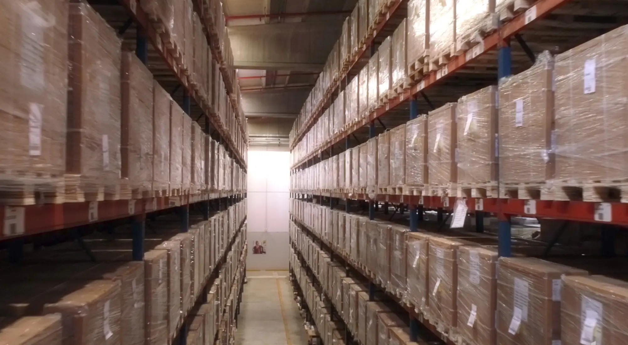 Corridoio di un magazzino logistico con scaffalature alte cariche di pallet avvolti in pellicola trasparente