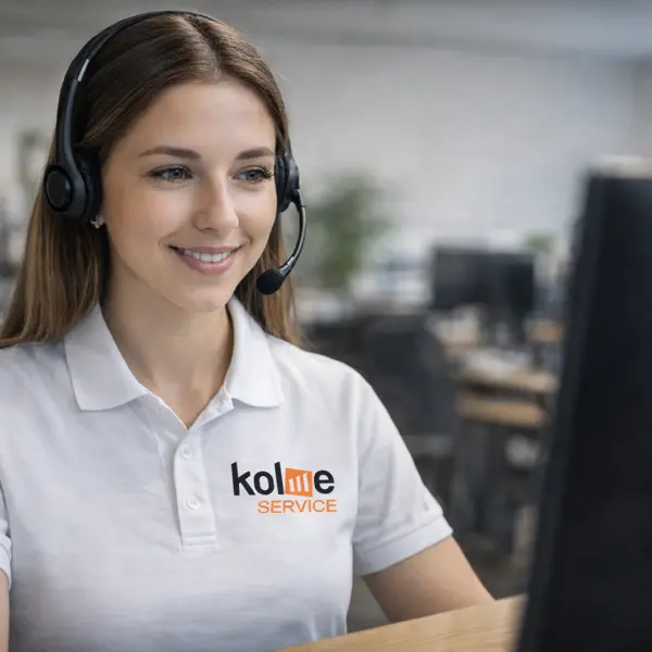 Operatrice del team Kolme Service con cuffia e polo brandizzata, sorridente davanti al computer in un ufficio open space
