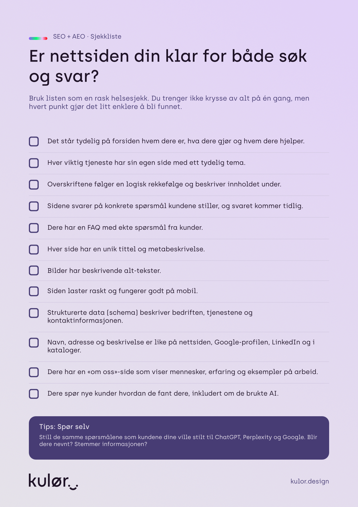 Sjekkliste med tolv punkter for å gjøre nettsiden klar for både søkemotorer og AI-tjenester.