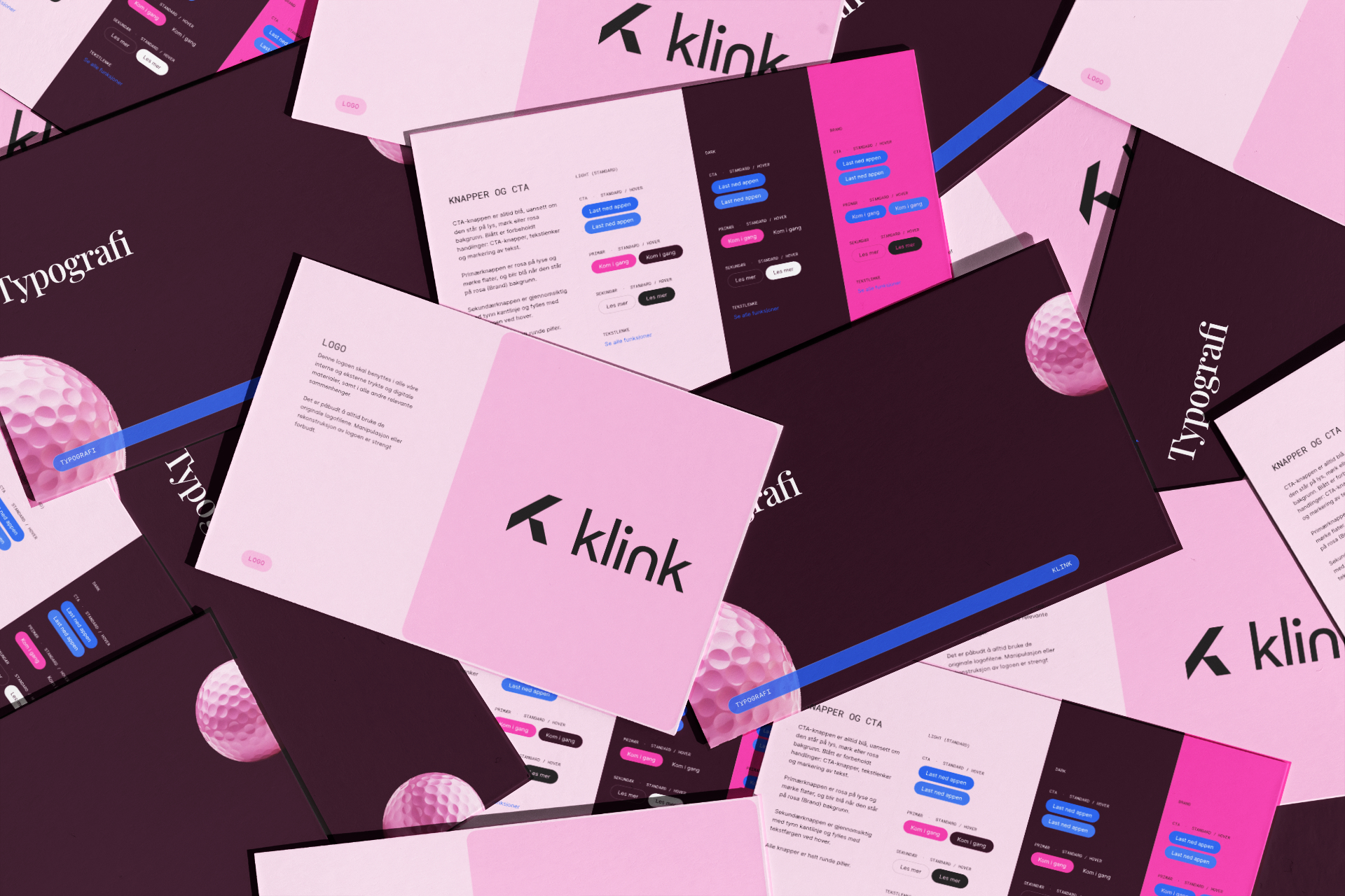 Utsnitt fra Klink sin profilhåndbok med logo, typografi og fargepalett i rosa, plomme og blått
